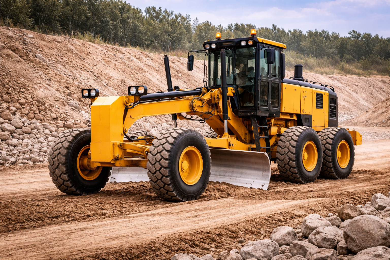 Heavy-duty motor grader on a road construction site